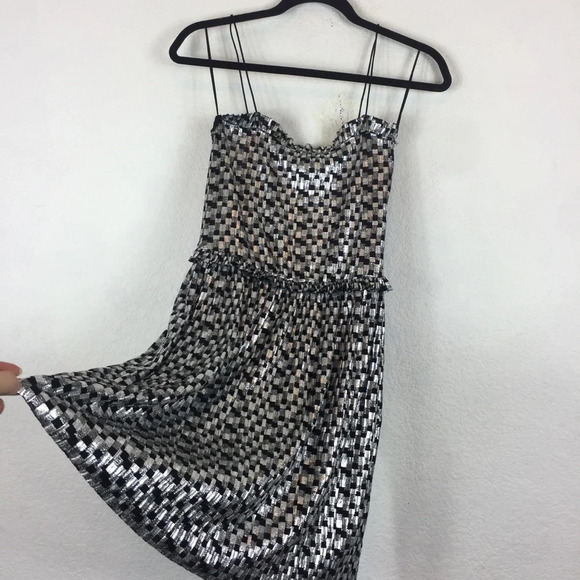 Zara Shimmery Metallic Silver Black Ruffle Party Mini Dress Small - Picture 11 of 14